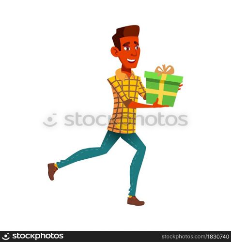 Teen Boy Run At Birthday Party With Gift Vector. Positive Mood Teenager Guy Late And Run With Present Box On Anniversary Event. Character Running On Festive Celebration Flat Cartoon Illustration. Teen Boy Run At Birthday Party With Gift Vector