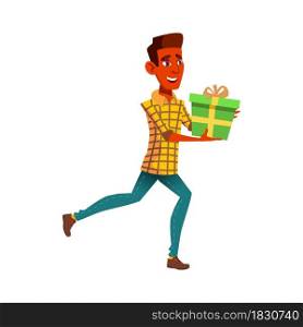 Teen Boy Run At Birthday Party With Gift Vector. Positive Mood Teenager Guy Late And Run With Present Box On Anniversary Event. Character Running On Festive Celebration Flat Cartoon Illustration. Teen Boy Run At Birthday Party With Gift Vector
