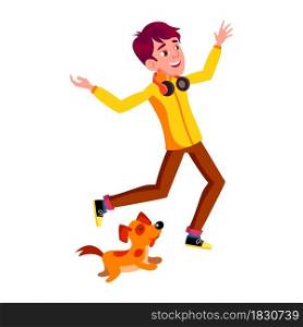 Teen Boy Running With Dog In Park Outdoor Vector. Happy Teen Guy With Earphones And Domestic Animal Pet Running Together Outside. Character Active Sport Time Flat Cartoon Illustration. Teen Boy Running With Dog In Park Outdoor Vector