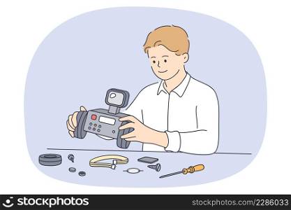 Teen boy sit at table repair robot himself. Smart small kid enjoy hobby activity fix robotic assistant. Engineering and programming for children concept. Flat vector illustration. . Smart boy have fun repair robot