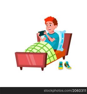 teen boy using mobile smartphone social person. web chatting. vector flat cartoon illustration. teen boy using mobile smartphone bed vector