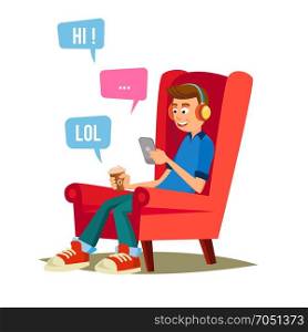 Teen Boy Vector. Happy Boy Talking, Chatting On Network. Devices And Social Media Addiction. Isolated Flat Cartoon Character Illustration. Teen Boy Vector. Teen Boy Texting With Cell Phone. Smart Phone Chatting Addiction. Cartoon Character Illustration