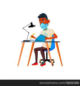 Teen Boy Wearing Facial Mask And Studying Vector. Teenager Wear Protective Face Mask Learning In University Or Reading Book In Library. Character Student Educate Flat Cartoon Illustration. Teen Boy Wearing Facial Mask And Studying Vector