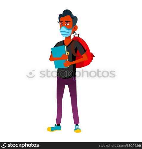 Teen Boy Wearing Facial Mask Go To College Vector. Teenager Student With Mask On Face, Backpack And Book Going To University. Character Health Protect Medical Accessory Flat Cartoon Illustration. Teen Boy Wearing Facial Mask Go To College Vector