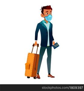 Teen Boy Wearing Facial Mask In Airport Vector. Teenager With Luggage Wear Protective Face Mask Standing In Railway Station. Character Health Protection Accessory Flat Cartoon Illustration. Teen Boy Wearing Facial Mask In Airport Vector