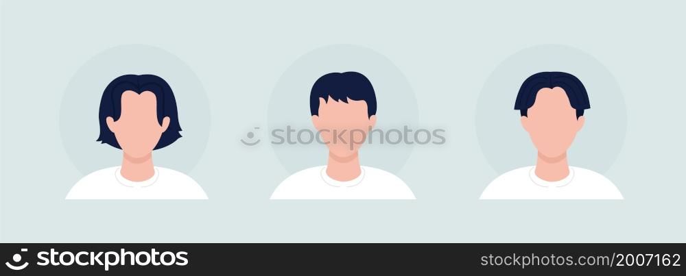 Teen boy with different haircuts semi flat color vector character avatar set. Portrait from front view. Isolated modern cartoon style illustration for graphic design and animation pack. Teen boy with different haircuts semi flat color vector character avatar set