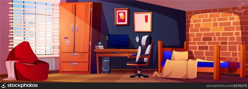 Teen boys bedroom interior with furniture. Vector cartoon illustration of wooden bed, wardrobe, desktop computer, books and l&on table, comfortable armchairs, tidy workspace, city view in window. Teen boys bedroom interior with furniture