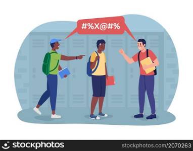 Teen bullying 2D vector isolated illustration. Schoolchildren mocking nervous classmate flat characters on cartoon background. Public humiliation. Verbal abuse in high school colourful scene. Teen bullying 2D vector isolated illustration