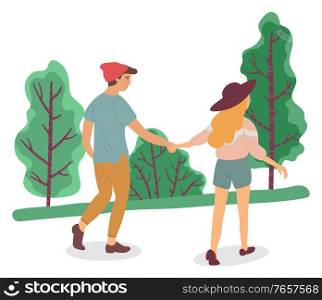 Teen couple on date in park or forest. Lady and guy hold each other hands and walking through lawn. Summer warm weather, beautiful landscape with green trees. Vector illustration in flat style. Couple on Date in Park, People Walking Together