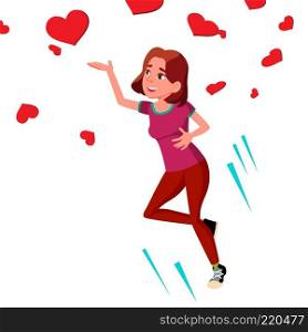 Teen Girl Catching Flying Hearts Vector. Illustration. Teen Girl Catching Flying Hearts Vector. Isolated Illustration