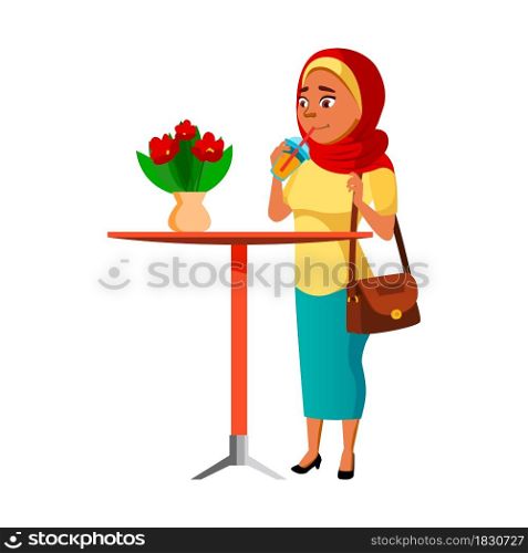 Teen Girl Drinking Freshness Juice In Cafe Vector. Arabian Teenager Drinking Juicy Cocktail At Cafeteria Table Decorated Natural Flowers. Muslim Character Lady Refreshment Flat Cartoon Illustration. Teen Girl Drinking Freshness Juice In Cafe Vector