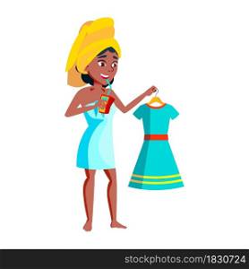 Teen Girl Drinking Juice And Getting Ready Vector. African Teenager Lady Drinking Juicy Beverage From Packaging With Straw And Choosing Dress After Shower. Character Flat Cartoon Illustration. Teen Girl Drinking Juice And Getting Ready Vector