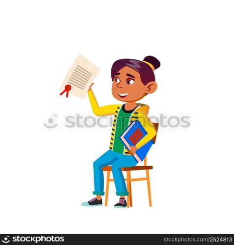 Teen Girl Getting Certificate Award Prize Vector. Hispanic Teenager Sitting On Chair, Holding Book And Certificate, Successful Achievement In Competition. Character Flat Cartoon Illustration. Teen Girl Getting Certificate Award Prize Vector