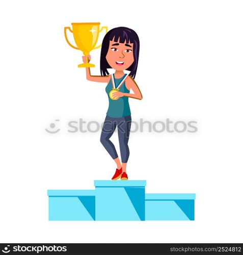 Teen Girl Holding Golden Cup And Medal Vector. Happy Asian Teenager Standing On Pedestal And Hold Cup Award, Success Achievement. Character Celebrate Victory In Sport Game Flat Cartoon Illustration. Teen Girl Holding Golden Cup And Medal Vector