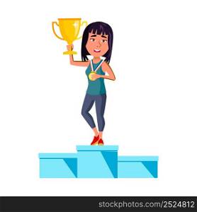 Teen Girl Holding Golden Cup And Medal Vector. Happy Asian Teenager Standing On Pedestal And Hold Cup Award, Success Achievement. Character Celebrate Victory In Sport Game Flat Cartoon Illustration. Teen Girl Holding Golden Cup And Medal Vector