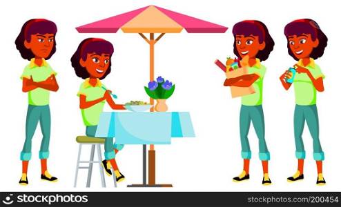 Teen Girl Poses Set. Indian, Hindu. Asian. Pretty, Youth. For Postcard, Announcement, Cover Design. Isolated Cartoon Illustration