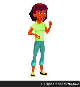 Teen Girl Poses Vector. Indian, Hindu. Asian, Positive. For Presentation, Print, Invitation Design. Isolated Cartoon Illustration 