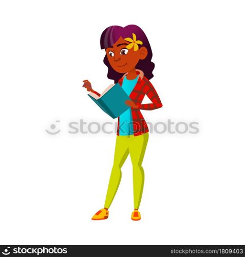 Teen Girl Reading Education Book In Library Vector. Indian Teenager Lady Read Educational Book Homework. Character Preparing And Learning For Literature School Lesson Flat Cartoon Illustration. Teen Girl Reading Education Book In Library Vector