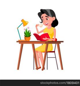 Teen Girl Reading Interesting Book At Table Vector. Teenager Lady Drinking Morning Energy Coffee And Read Book At Desk. Character Enjoying Literature Story Flat Cartoon Illustration. Teen Girl Reading Interesting Book At Table Vector