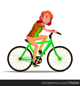 Teen Girl Riding On Bicycle Vector. Healthy Lifestyle. Bikes. Outdoor Sport Activity. Illustration. Teen Girl Riding On Bicycle Vector. Healthy Lifestyle. Bikes. Outdoor Sport Activity. Isolated Illustration