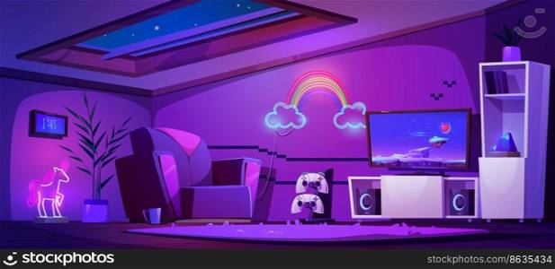 Teen girl room on attic, night interior with gamer stuff and furniture. Tv set with video game on screen and gamepads, armchair, coffee cup, rainbow and unicorn lamp, Cartoon vector illustration. Teen girl room on attic, interior with gamer stuff