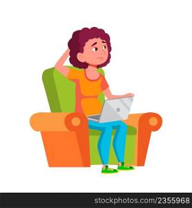 Teen Girl Thinking About Relation Problem Vector. Sadness And Pensive Caucasian Teenager Sitting In Armchair With Laptop And Thinking About Relationship. Character Flat Cartoon Illustration. Teen Girl Thinking About Relation Problem Vector