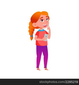 Teen Girl Using Mobile Phone For Chatting Vector. Schoolgirl Teenager Thinking Answer For Sending Sms To Friend On Phone. Happy Character Dreaming Or Think Flat Cartoon Illustration. Teen Girl Using Mobile Phone For Chatting Vector