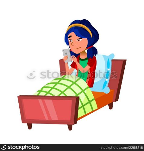 Teen Girl Using Mobile Phone In Bedroom Vector. Young Lady Teenager Laying In Bed And Use Smartphone, Watching Video, Playing Game Or Chatting In Social Media. Character Flat Cartoon Illustration. Teen Girl Using Mobile Phone In Bedroom Vector