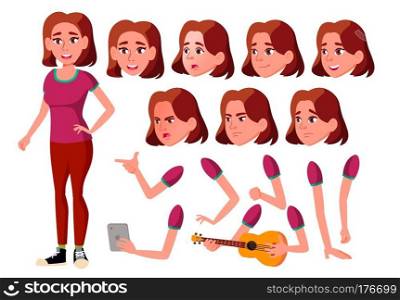 Teen Girl Vector. Teenager. Activity, Beautiful. Face Emotions, Various Gestures. Animation Creation Set. Isolated Cartoon Character Illustration. Teen Girl Vector. Teenager. Activity, Beautiful. Face Emotions, Various Gestures. Animation Creation Set. Isolated Flat Cartoon Character Illustration