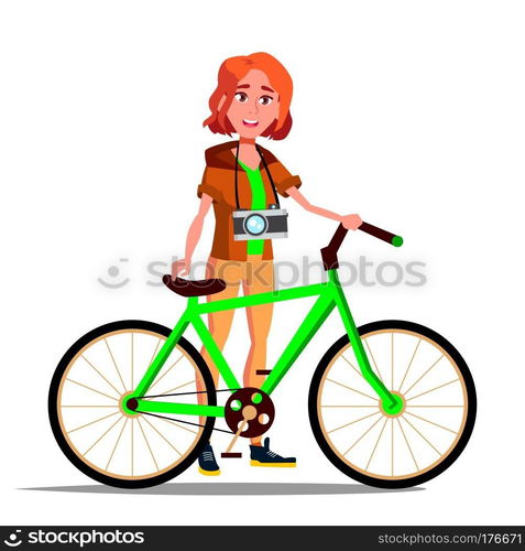 Teen Girl With Bicycle Vector. City Bike. Outdoor Sport Activity. Eco Friendly. Illustration. Teen Girl With Bicycle Vector. City Bike. Outdoor Sport Activity. Eco Friendly. Isolated Illustration