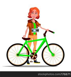 Teen Girl With Bicycle Vector. City Bike. Outdoor Sport Activity. Eco Friendly. Illustration. Teen Girl With Bicycle Vector. City Bike. Outdoor Sport Activity. Eco Friendly. Isolated Illustration