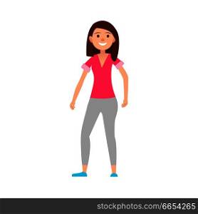 Teen girl with broad smile in pink T-shirt, grey leggings and blue shoes isolated vector illustration on white background.. Teen Girl in Casual Clothes Isolated Illustration