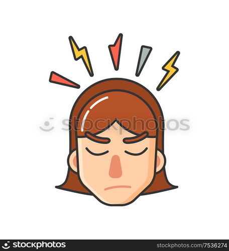 Teen girl with brown hair having headache. Young woman template image about feeling unwell. Colored image female face vector isolated with thunder over head. Design Image with Teen Girl and Headache Vector