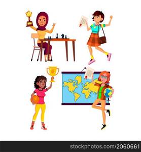 Teen girl with trophy award set. Happy woman. Young person win. Victory background. Female student excited. Wow child. Funny positive portrait vector character flat cartoon. Teen girl with trophy award set vector