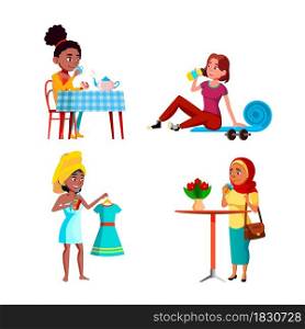 Teen Girls Drinking Freshness Drinks Set Vector. Teen Girls Drinking Fresh Water After Training And Delicious Hot Tea Breakfast, Juice And Cocktail In Cafe. Characters Flat Cartoon Illustrations. Teen Girls Drinking Freshness Drinks Set Vector