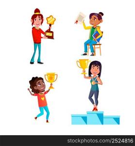 Teen Girls Holding Award Championship Set Vector. Young Teenagers Hold Award Cup And Certificate, Celebrating Victory In Tournament Sport Game. Characters Flat Cartoon Illustrations. Teen Girls Holding Award Championship Set Vector
