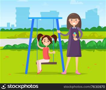 Teen girls in park on swing, playground and ice cream. Outdoor activity, friends on meadow swinging and eating summer dessert, leisure pastime. Vector illustration in flat cartoon style. Girls in Park on Swing, Playground and Ice Cream