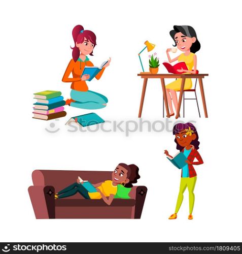 Teen Girls Reading Educational Book Set Vector. Teenagers Lady Read Education Book At Table And On Couch, Sitting On Floor And In Library. Characters Knowledge Flat Cartoon Illustrations. Teen Girls Reading Educational Book Set Vector