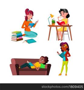 Teen Girls Reading Educational Book Set Vector. Teenagers Lady Read Education Book At Table And On Couch, Sitting On Floor And In Library. Characters Knowledge Flat Cartoon Illustrations. Teen Girls Reading Educational Book Set Vector