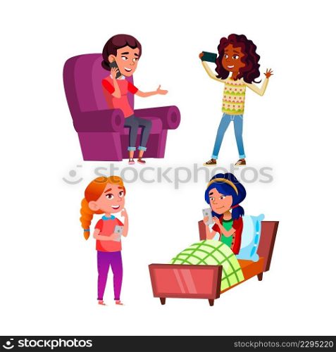 Teen Girls Using Phone Digital Device Set Vector. Young Ladies Teenagers Use Mobile Phone For Communication And Chatting. Characters Talking On Smartphone And Video Call Flat Cartoon Illustrations. Teen Girls Using Phone Digital Device Set Vector