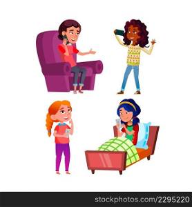 Teen Girls Using Phone Digital Device Set Vector. Young Ladies Teenagers Use Mobile Phone For Communication And Chatting. Characters Talking On Smartphone And Video Call Flat Cartoon Illustrations. Teen Girls Using Phone Digital Device Set Vector