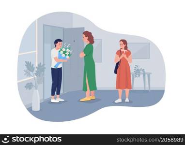 Teen romance and relationships 2D vector isolated illustration. Angry mother skeptical looking at stranger boy flat characters on cartoon background. Excessive parental control colourful scene. Teen romance and relationships 2D vector isolated illustration
