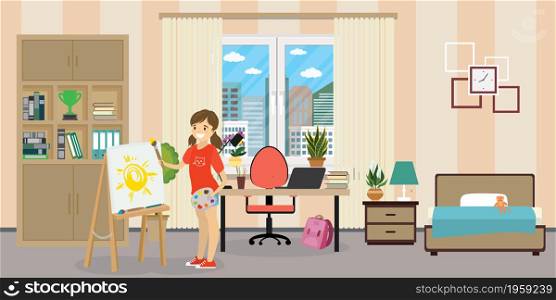 Teen room interior.Cute caucasian schoolgirl teen with easel,brush abd paints.Home furniture.cartoon vector illustration