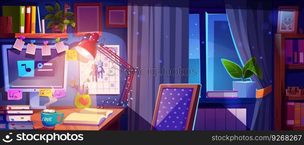 Teen student workspace near window at home. Vector cartoon illustration of girls room at night, workplace with desktop computer, books, colorful sticky notes, calendar on wall, toys. Cozy house space. Teen student workspace near window at home
