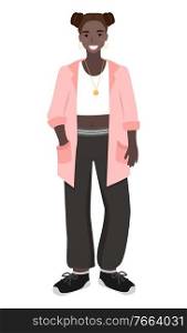 Teen woman wearing stylish clothes vector, isolated lady afro american teenager. Young lady with hairstyle, trousers and sweater pretty character. Elegant Teenager Wearing Stylish Clothes Teenage