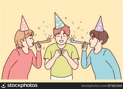 Teenage boy celebrating birthday with friends from school. Children in party hats and tongue whistle congratulating their peers on holiday standing among confetti. Flat vector illustration. Teenage boy celebrating birthday with friends from school standing among confetti. Vector image