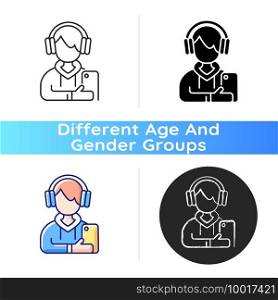 Teenage boy icon. Male teenager. Adolescence. Emotional development. School stress, peer problems. Mood swings. Growth spurt. Linear black and RGB color styles. Isolated vector illustrations. Teenage boy icon