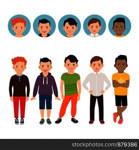Teenage boy isolated on white background with avatar icons vector set. Teenage boy with avatar icons set