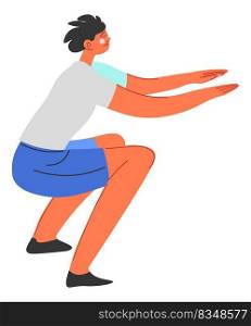 Teenage boy or kid working out and doing morning exercises, isolated teenager squats. Gym or fitness, bodybuilding or keeping health and slim, keeping fit. Preschooler lifestyle, vector in flat. Male character doing squats, working out person
