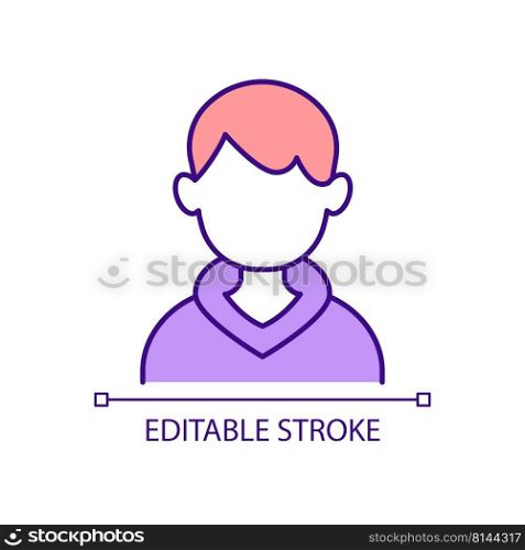 Teenage boy RGB color icon. Adolescence. Young teen developmental milestones. Healthy body image. Isolated vector illustration. Simple filled line drawing. Editable stroke. Arial font used. Teenage boy RGB color icon
